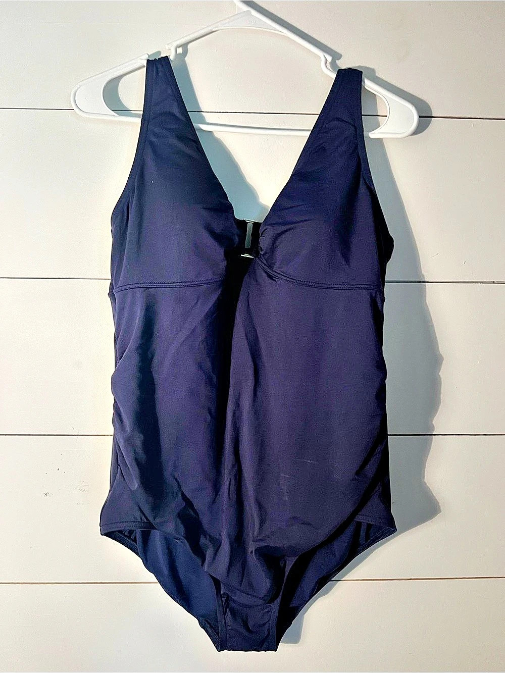 Lands' End Ring Front Shirred One-Piece Swimsuit Navy Blue Size 12